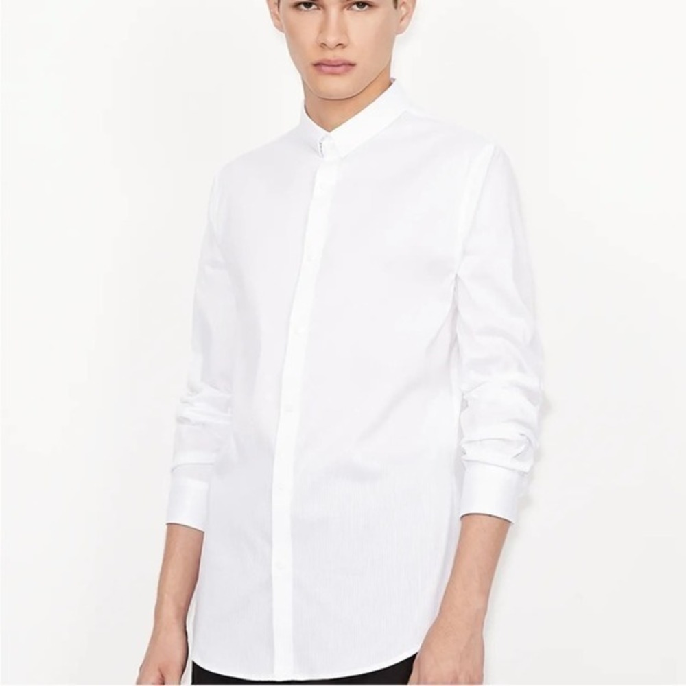 Armani Exchange Stretch Cotton White Slim Fit Collared Button Down Shirt Medium
